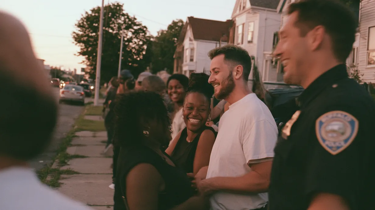 Neighbours of mixed backgrounds laughing with a Buffalo police officer on a residential street at dusk