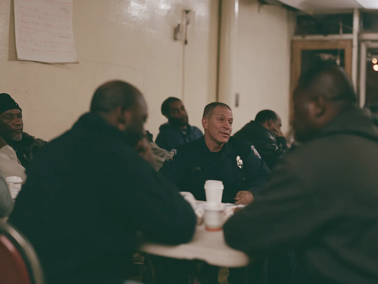 An officer sitting at a table with residents at a neighbourhood meeting