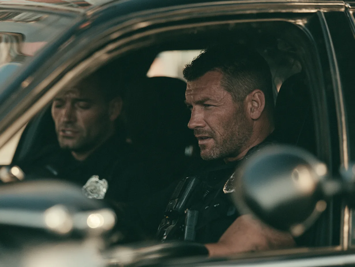 Two officers inside a patrol car, the car-centric posture of modern policing