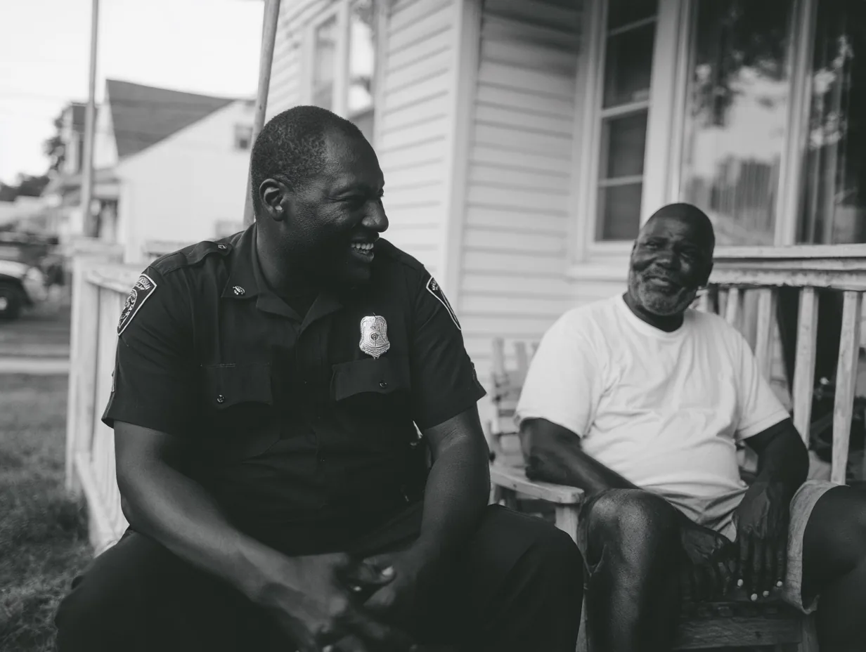 Porch conversation between an officer and a resident, in black and white