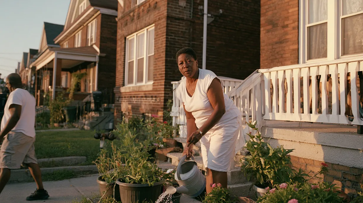 A resident watering her front-step garden on a Buffalo street at golden hour