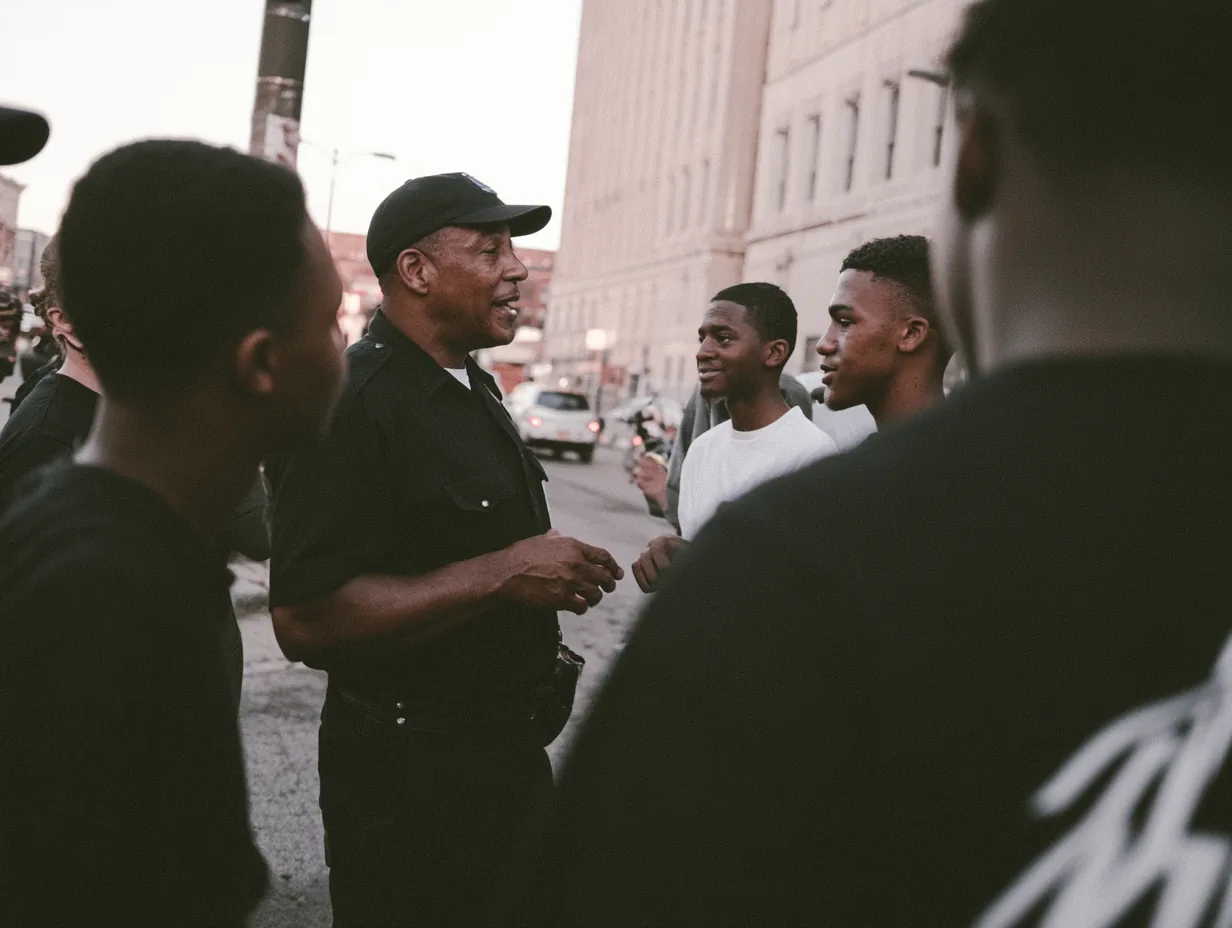 An officer talking with a group of young residents on a city sidewalk